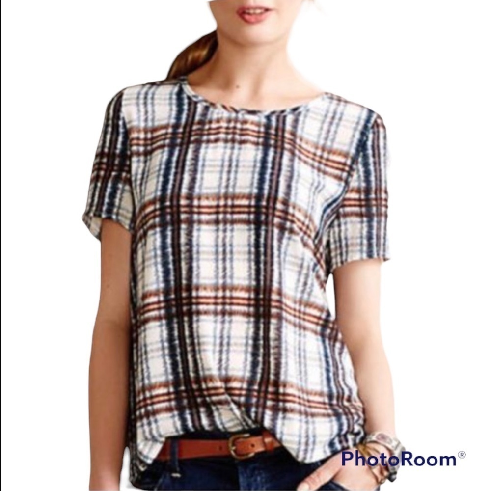 Maeve Anthropologie Plaid Split Back Blouse Size Small